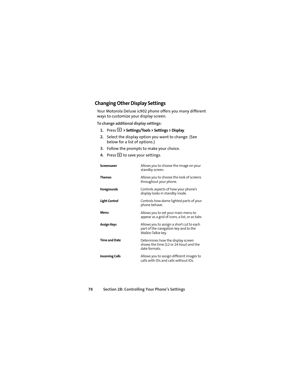 Changing other display settings | Motorola Deluxe Ic902 User Manual | Page 96 / 289
