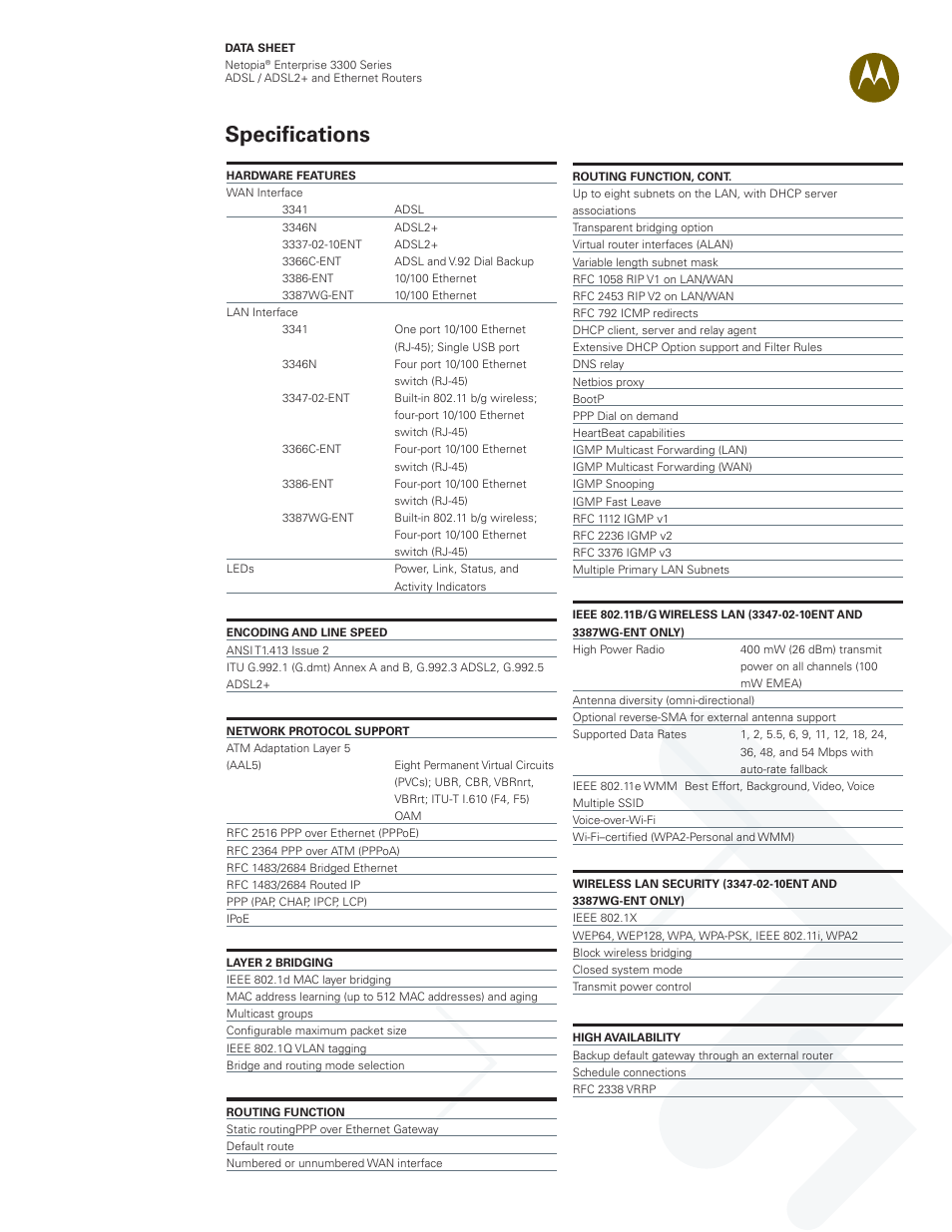 Specifications | Motorola Netopia Enterprise Series User Manual | Page 3 / 4