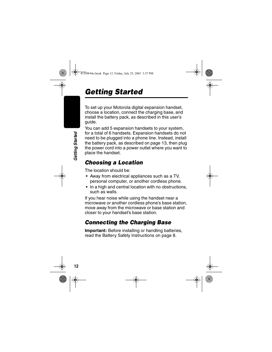 Getting started, Choosing a location, Connecting the charging base | Choosing a location connecting the charging base | Motorola MD60 Series User Manual | Page 14 / 52