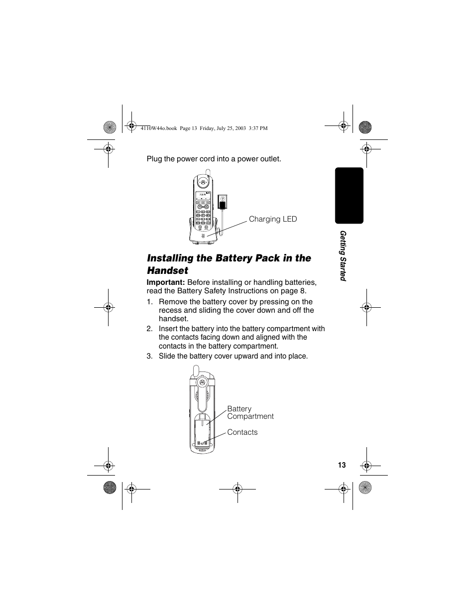 Installing the battery pack in the handset | Motorola MD60 Series User Manual | Page 15 / 52
