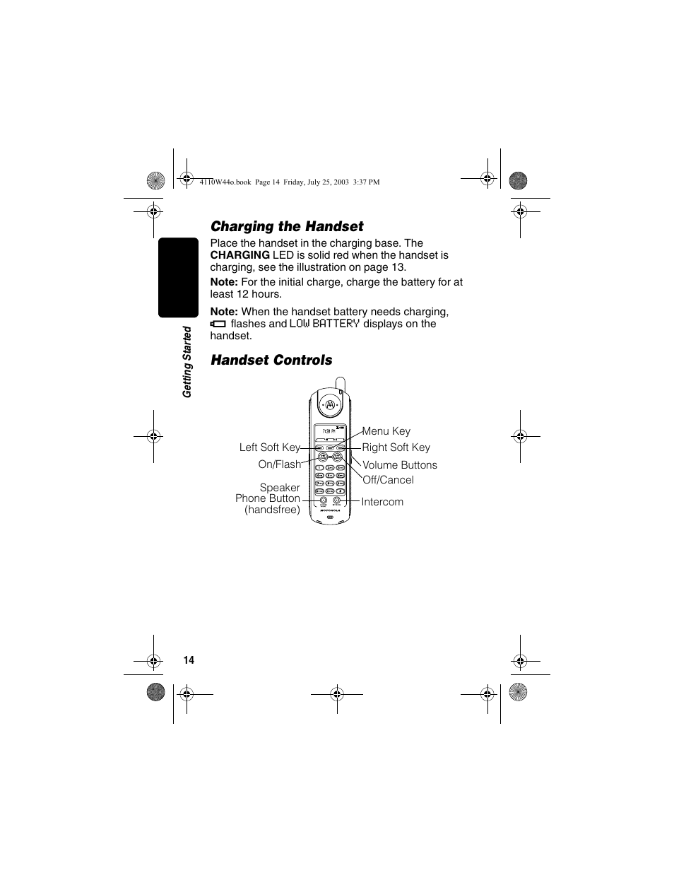 Charging the handset, Handset controls, Charging the handset handset controls | Motorola MD60 Series User Manual | Page 16 / 52