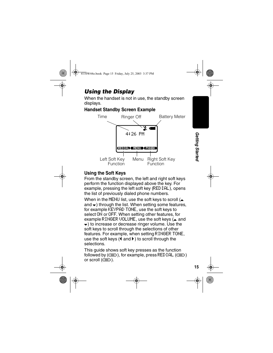 Using the display, Handset standby screen example, Using the soft keys | Handset standby screen example using the soft keys | Motorola MD60 Series User Manual | Page 17 / 52