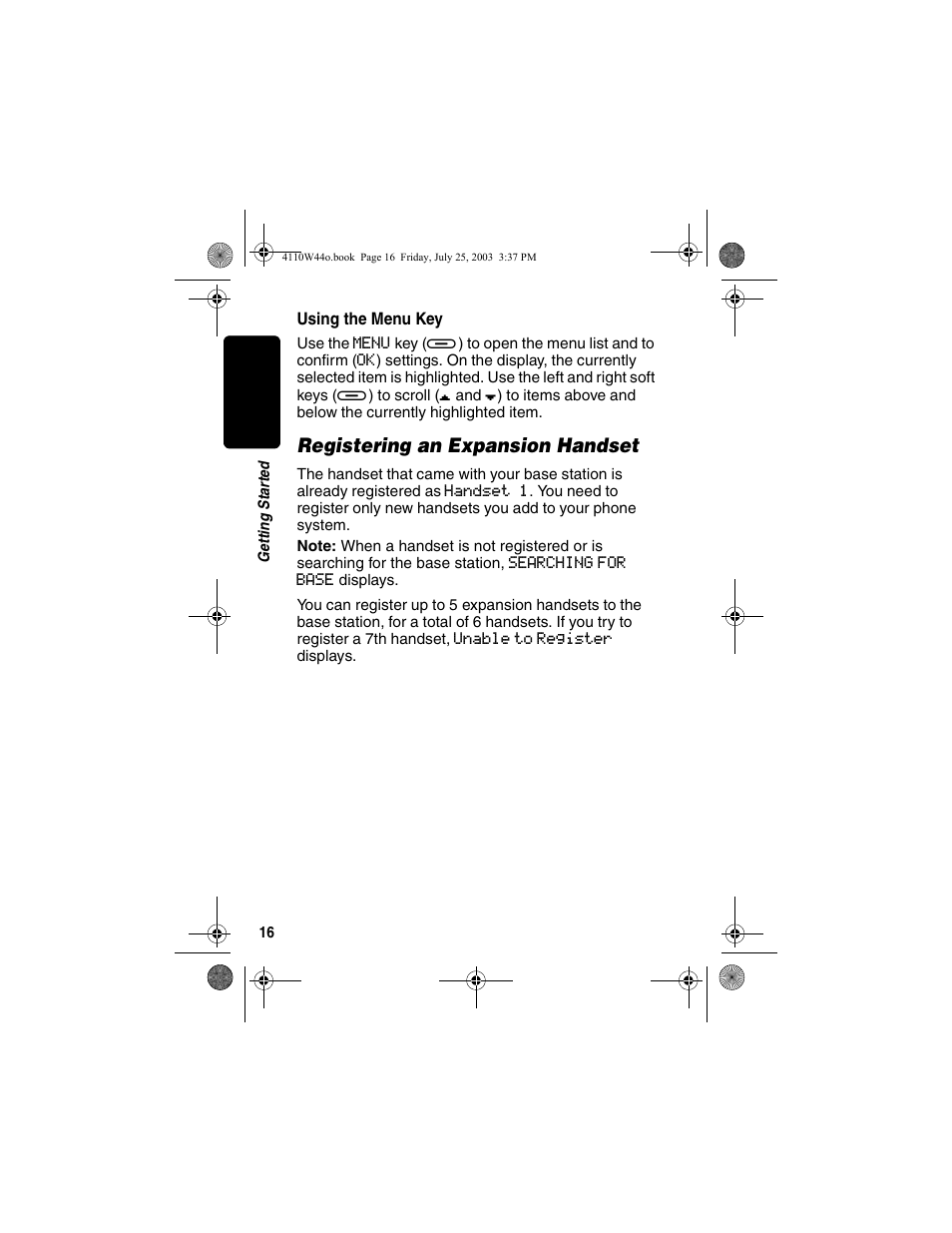 Using the menu key, Registering an expansion handset | Motorola MD60 Series User Manual | Page 18 / 52