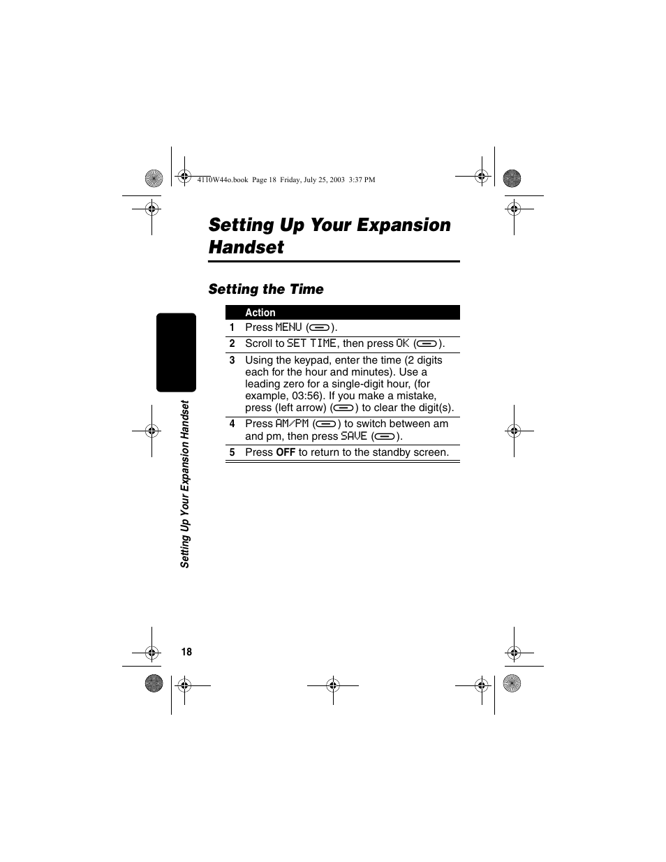 Setting up your expansion handset, Setting the time | Motorola MD60 Series User Manual | Page 20 / 52
