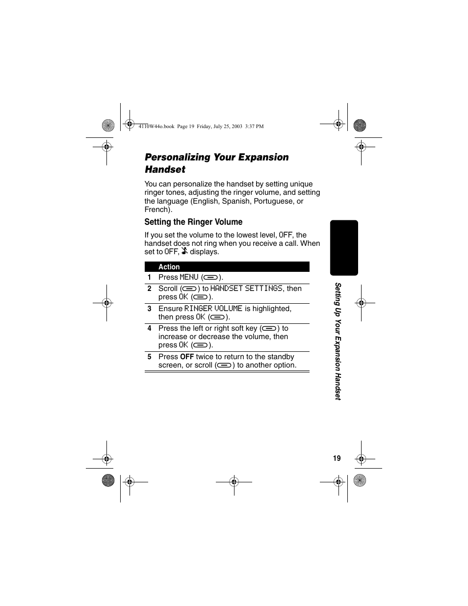 Personalizing your expansion handset, Setting the ringer volume | Motorola MD60 Series User Manual | Page 21 / 52