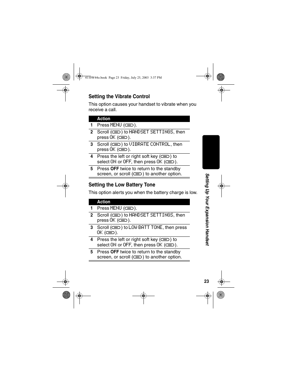 Setting the vibrate control, Setting the low battery tone | Motorola MD60 Series User Manual | Page 25 / 52