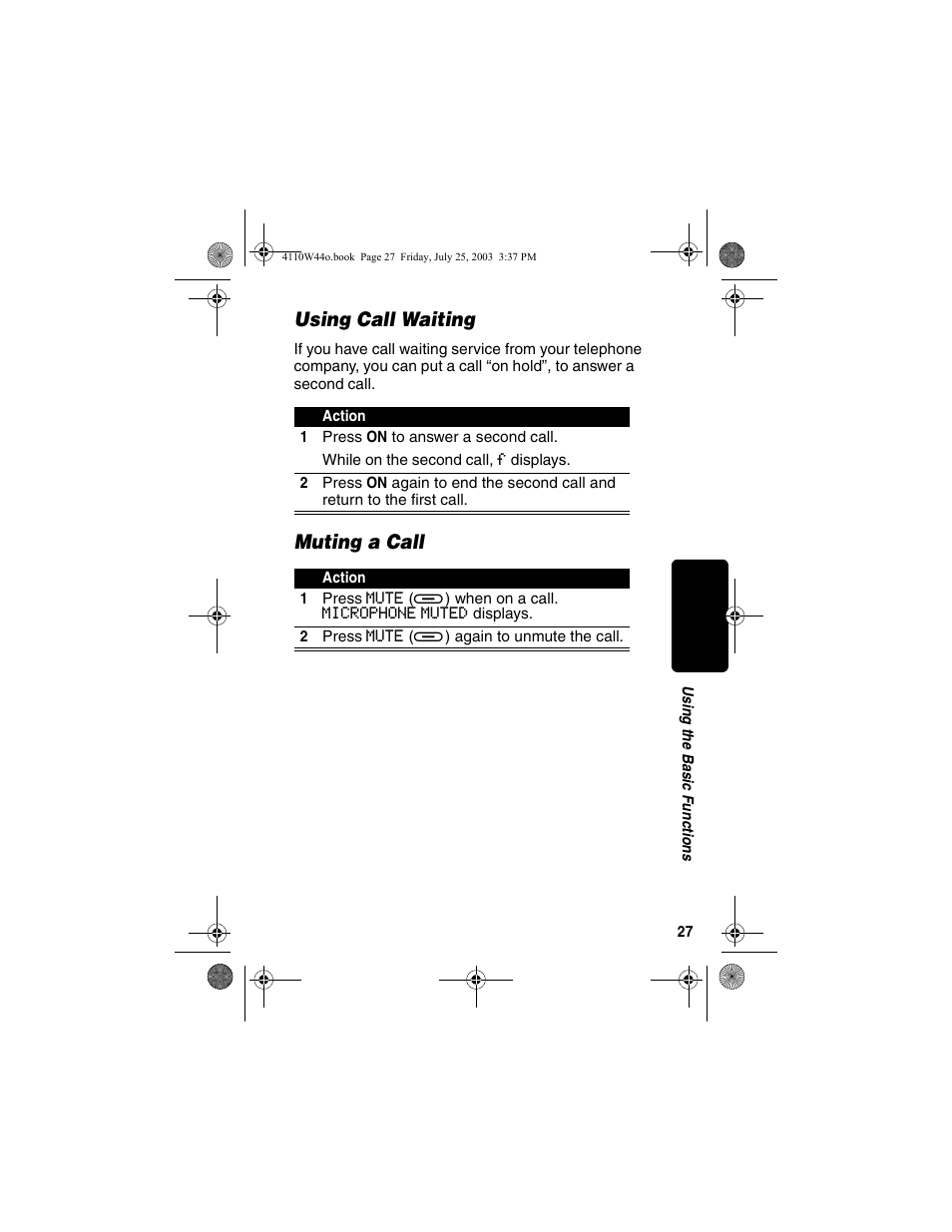 Using call waiting, Muting a call, Using call waiting muting a call | Motorola MD60 Series User Manual | Page 29 / 52
