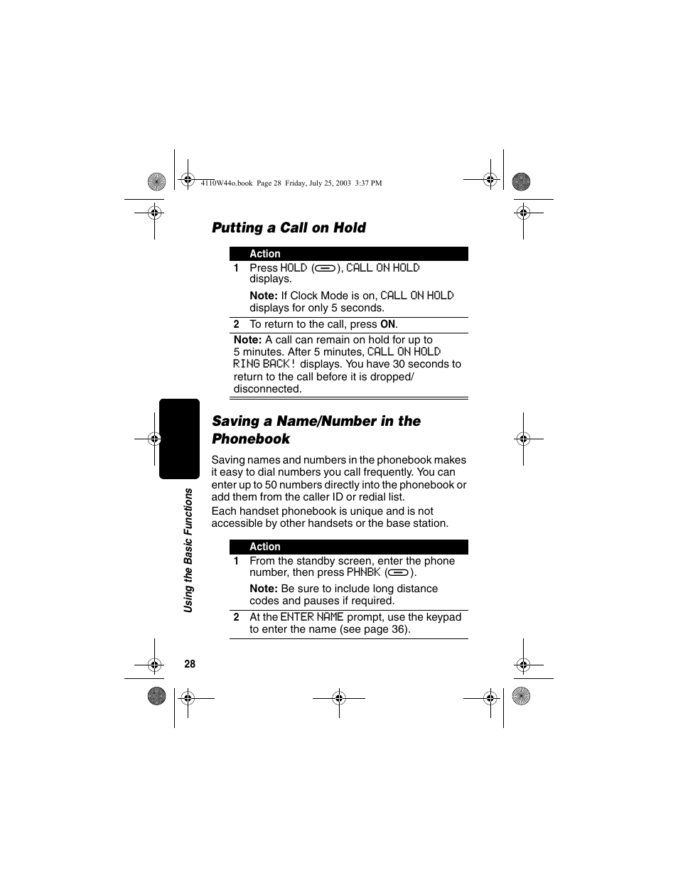 Putting a call on hold, Saving a name/number in the phonebook | Motorola MD60 Series User Manual | Page 30 / 52