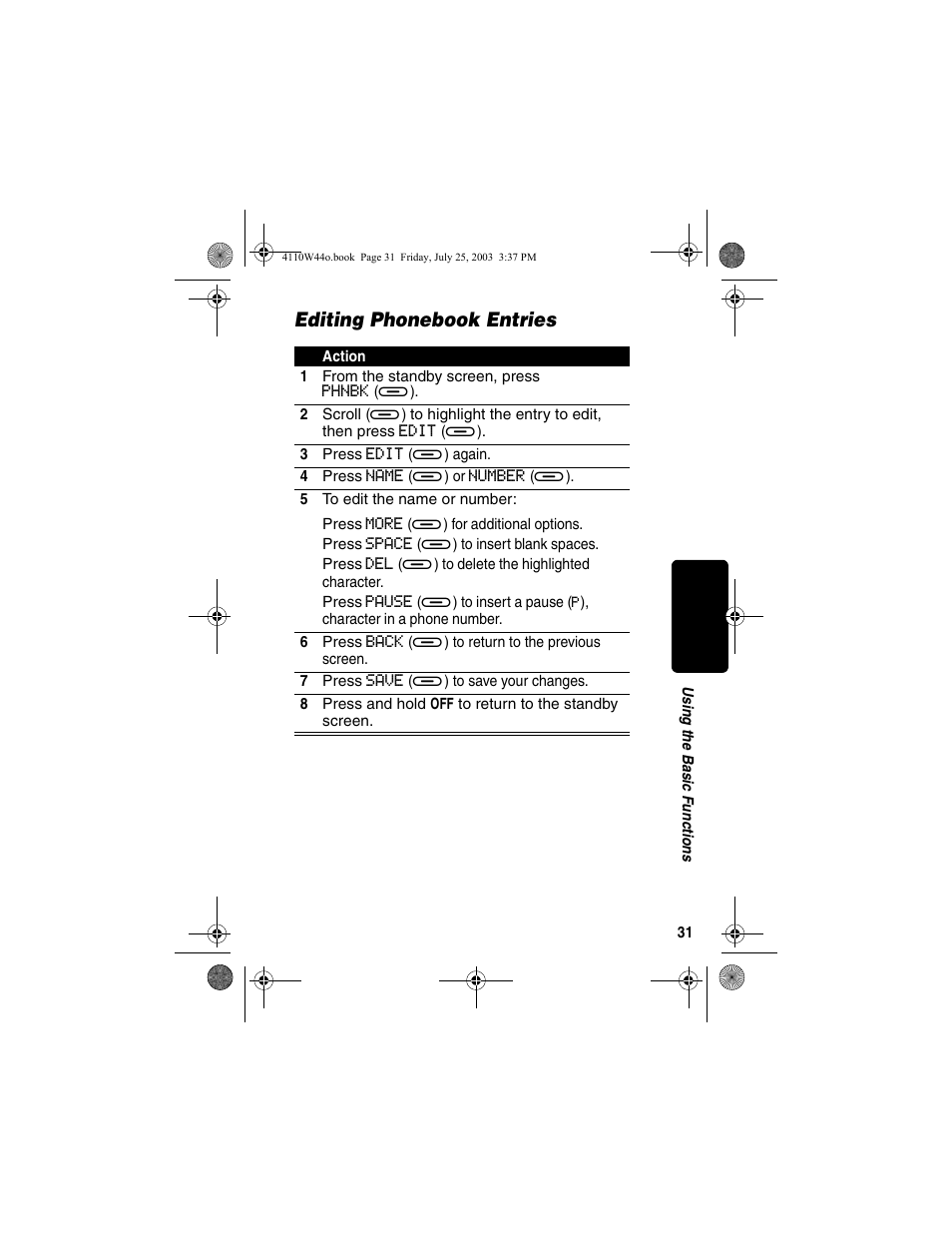 Editing phonebook entries | Motorola MD60 Series User Manual | Page 33 / 52