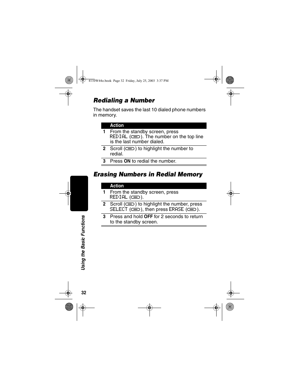 Redialing a number, Erasing numbers in redial memory | Motorola MD60 Series User Manual | Page 34 / 52