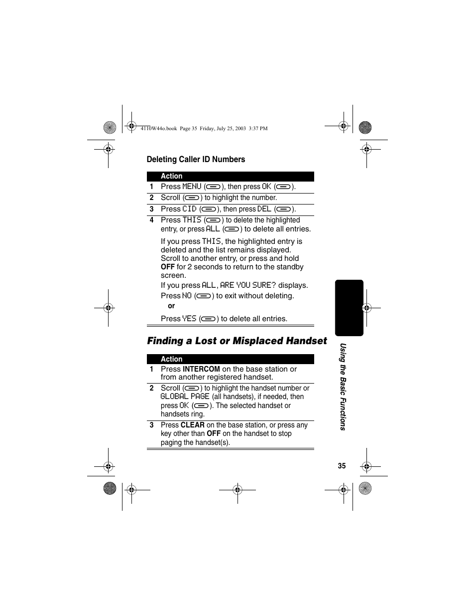 Deleting caller id numbers, Finding a lost or misplaced handset | Motorola MD60 Series User Manual | Page 37 / 52