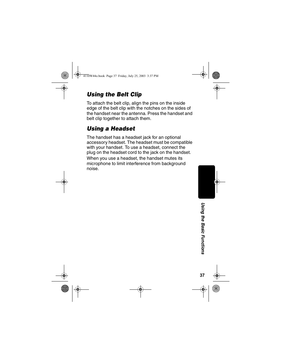 Using the belt clip, Using a headset, Using the belt clip using a headset | Motorola MD60 Series User Manual | Page 39 / 52