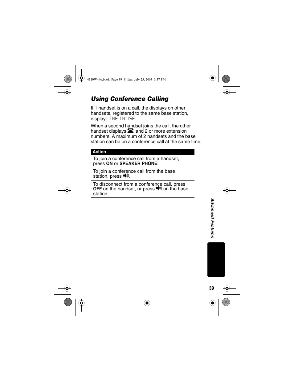 Using conference calling | Motorola MD60 Series User Manual | Page 41 / 52