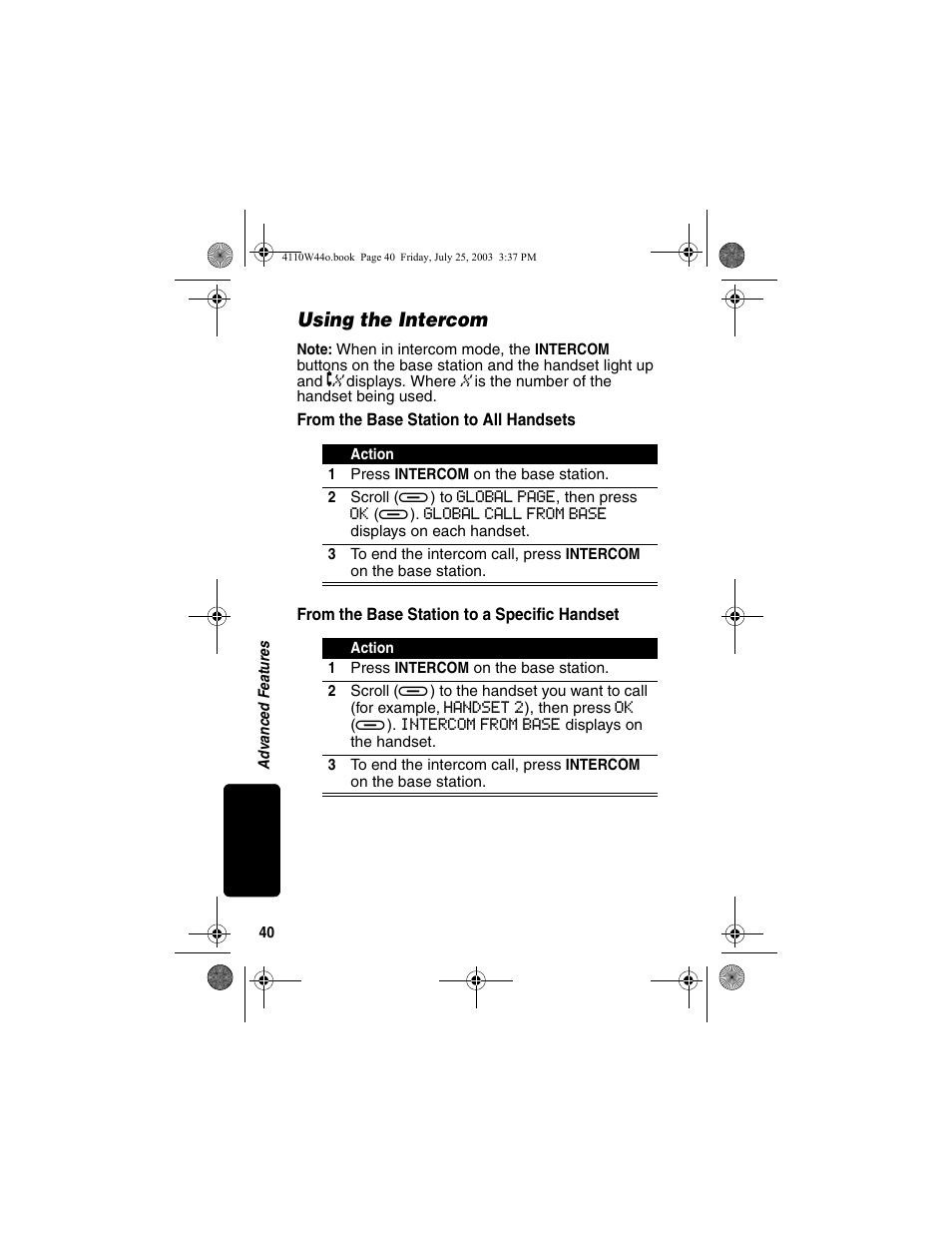 Using the intercom, From the base station to all handsets, From the base station to a specific handset | Motorola MD60 Series User Manual | Page 42 / 52