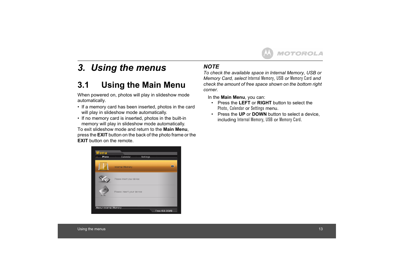 Using the menus, Using the main menu, 1 using the main menu | Motorola MF800 User Manual | Page 13 / 25