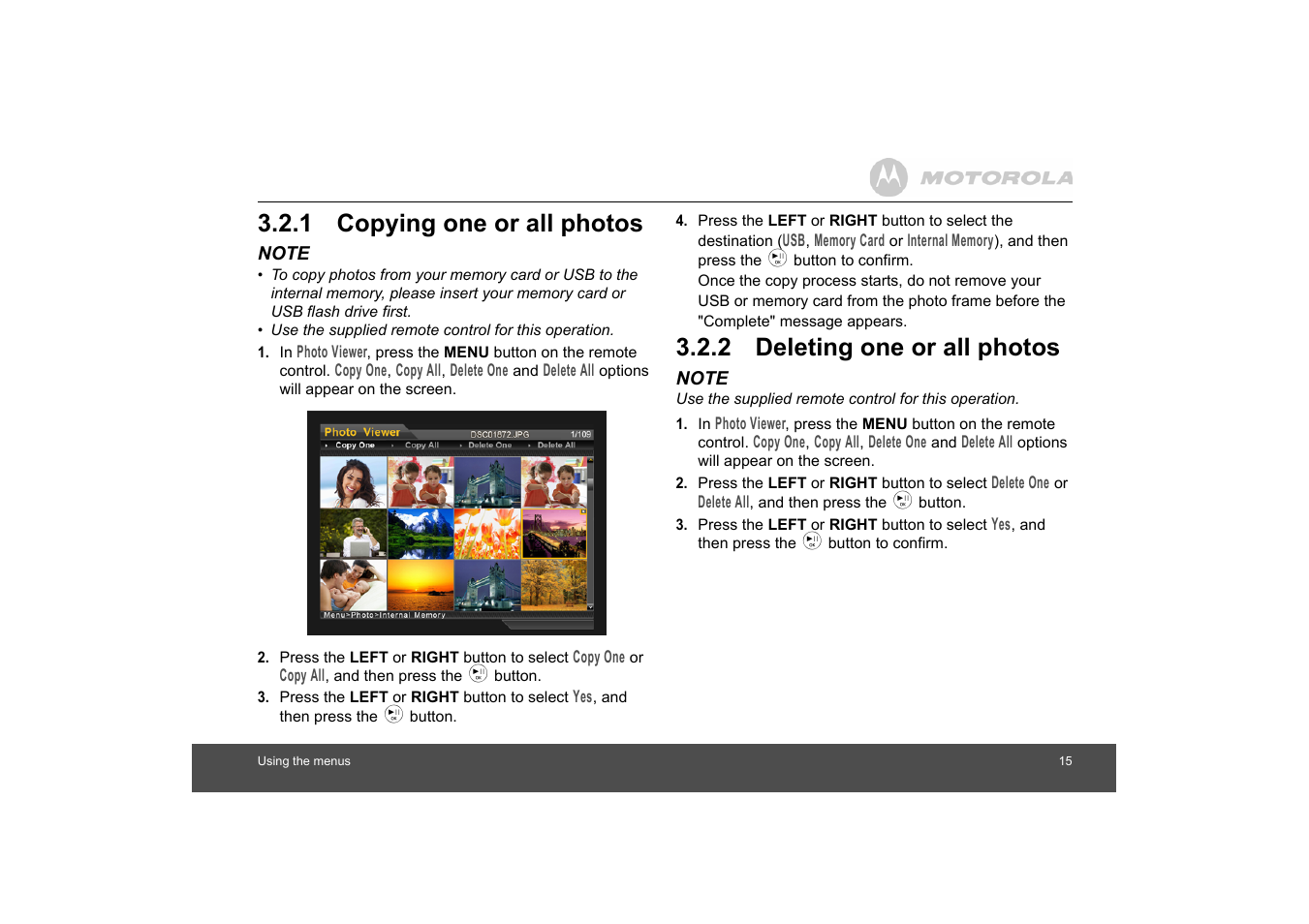 Copying one or all photos, Deleting one or all photos, 1 copying one or all photos | 2 deleting one or all photos | Motorola MF800 User Manual | Page 15 / 25