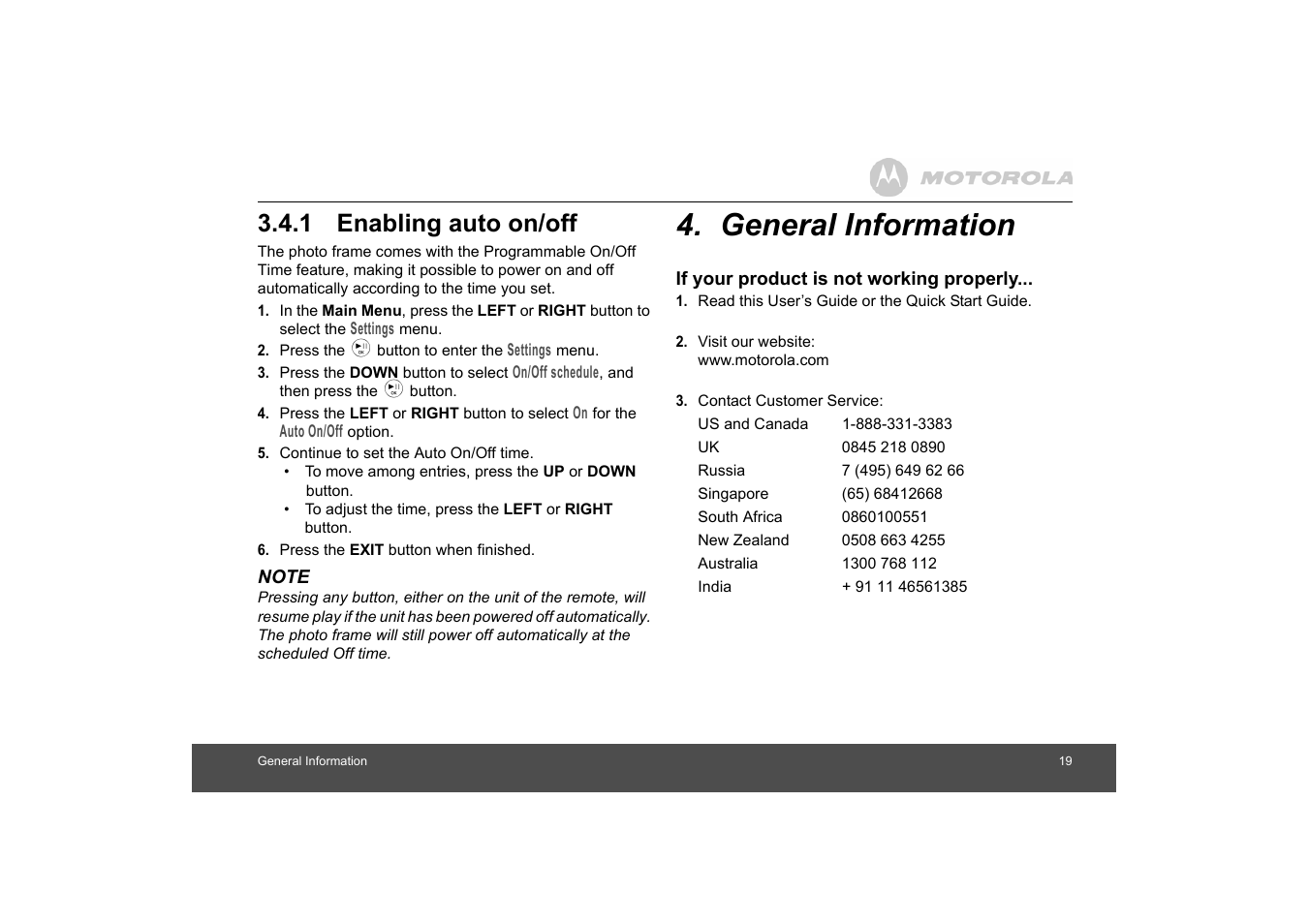 Enabling auto on/off, General information, 1 enabling auto on/off | Motorola MF800 User Manual | Page 19 / 25