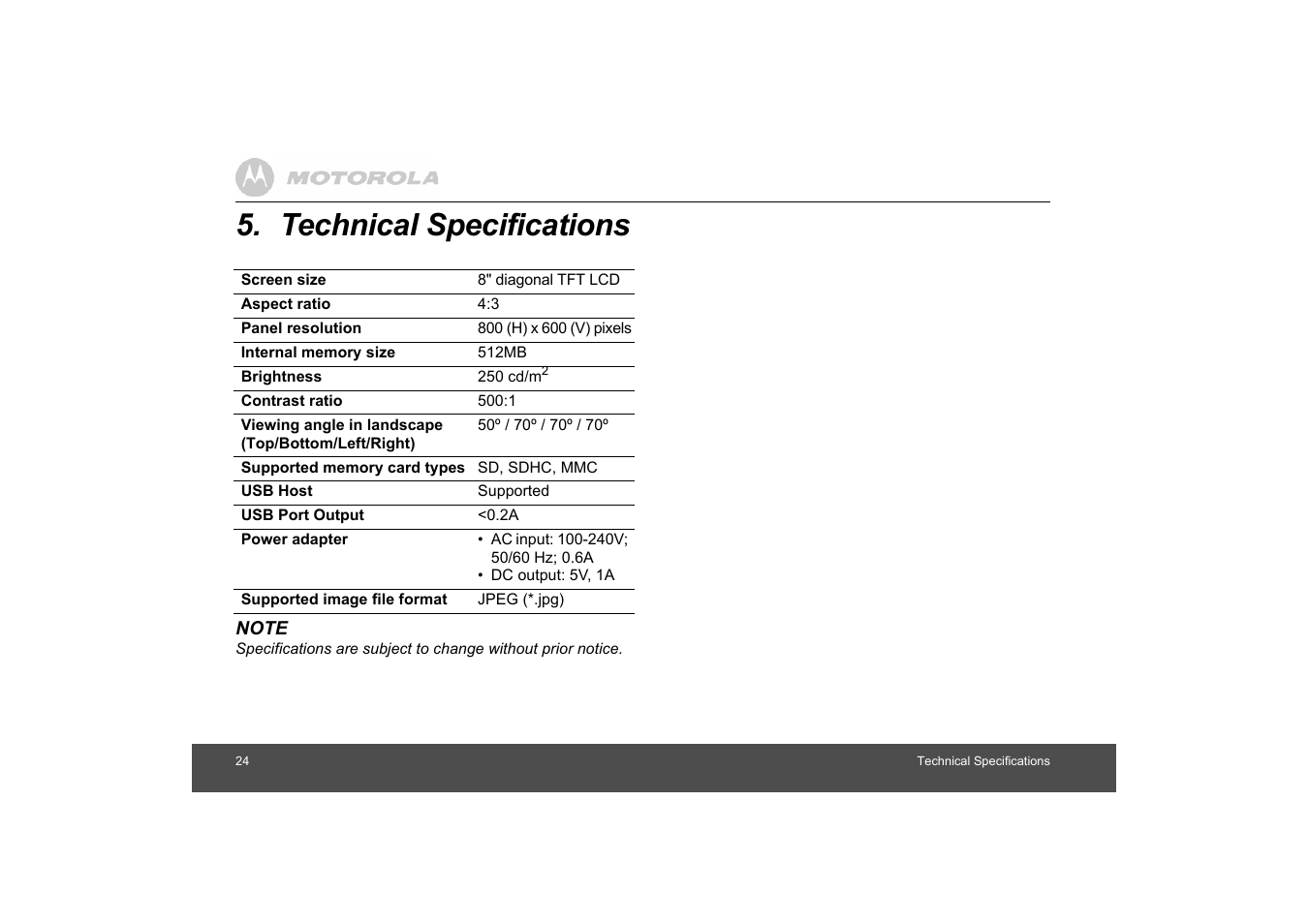 Technical specifications | Motorola MF800 User Manual | Page 24 / 25