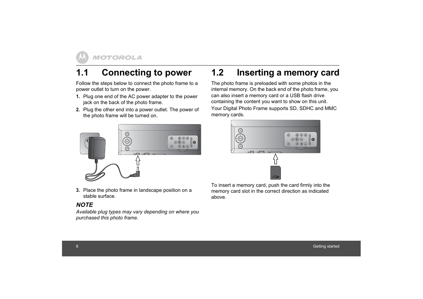 Connecting to power, Inserting a memory card, 1 connecting to power | Motorola MF800 User Manual | Page 6 / 25