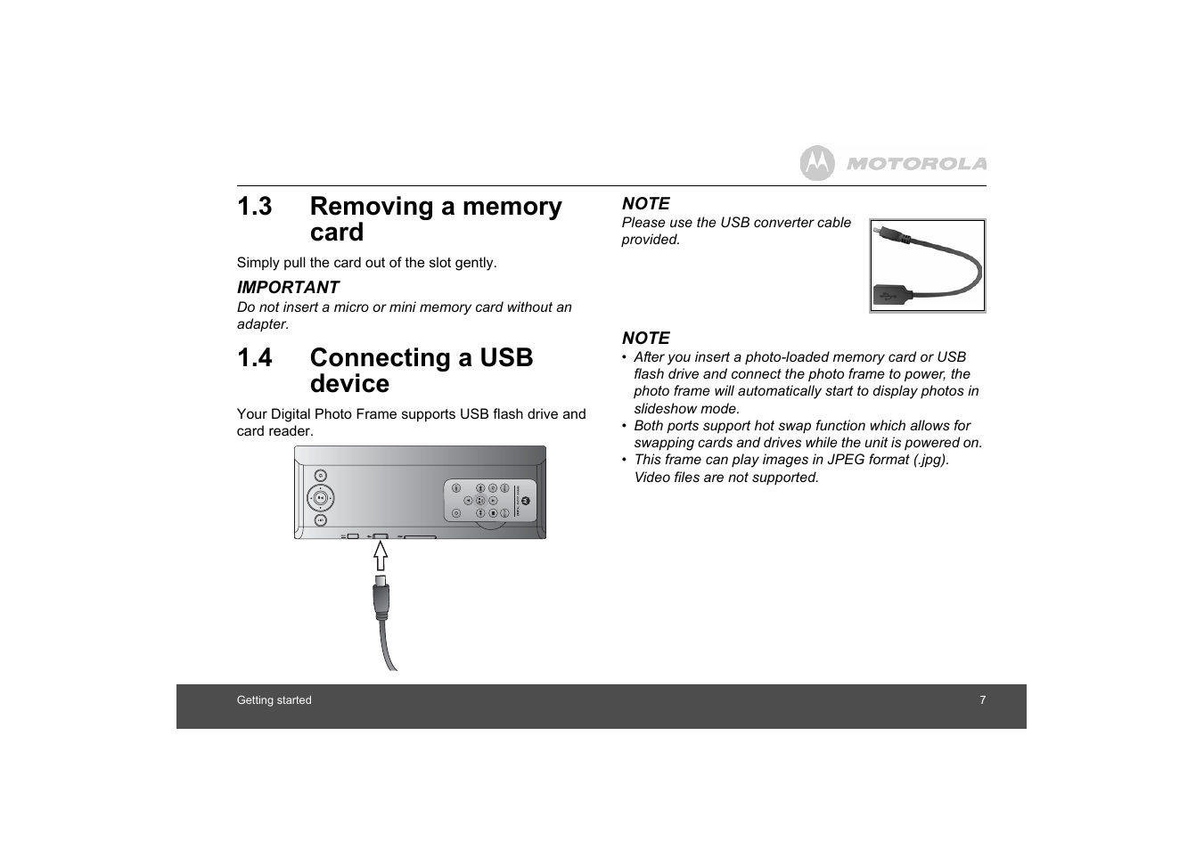 Removing a memory card, Connecting a usb device, 4 connecting a usb device | Motorola MF800 User Manual | Page 7 / 25