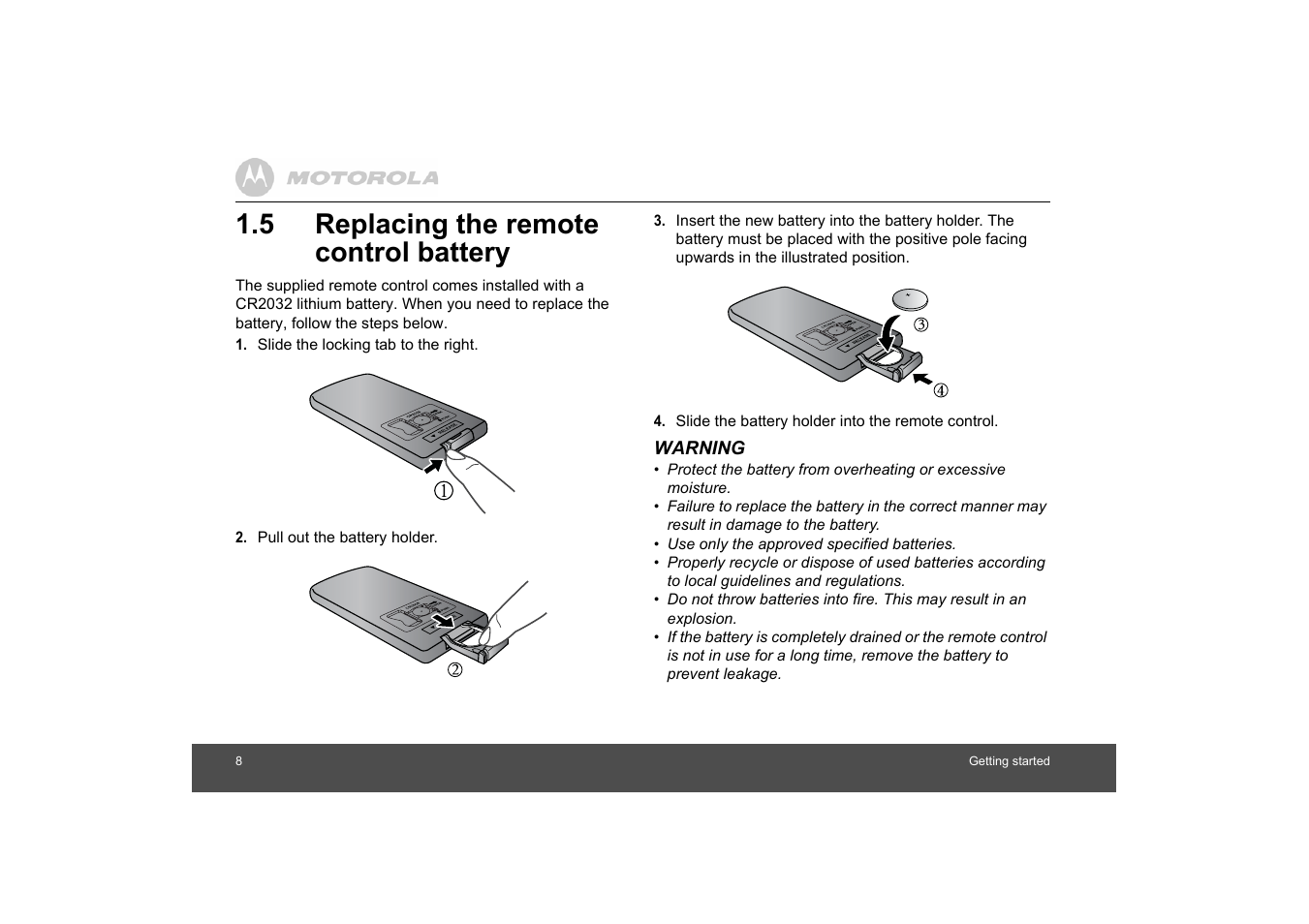 Replacing the remote control battery, 5 replacing the remote control battery | Motorola MF800 User Manual | Page 8 / 25