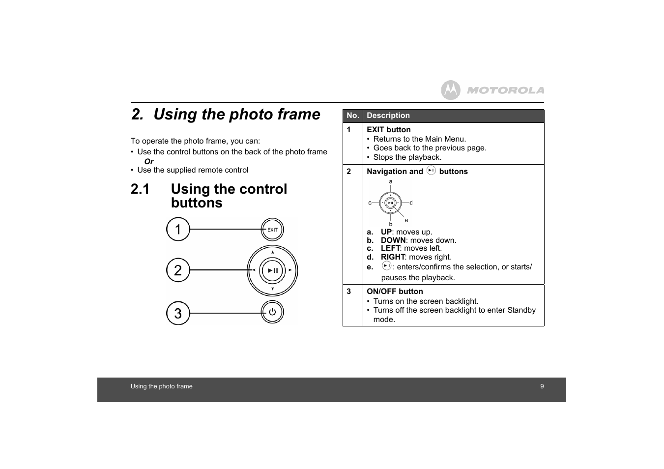 Using the photo frame, Using the control buttons, 1 using the control buttons | Motorola MF800 User Manual | Page 9 / 25