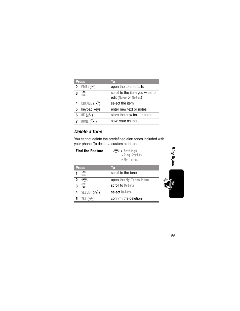 Delete a tone | Motorola 120e User Manual | Page 101 / 184