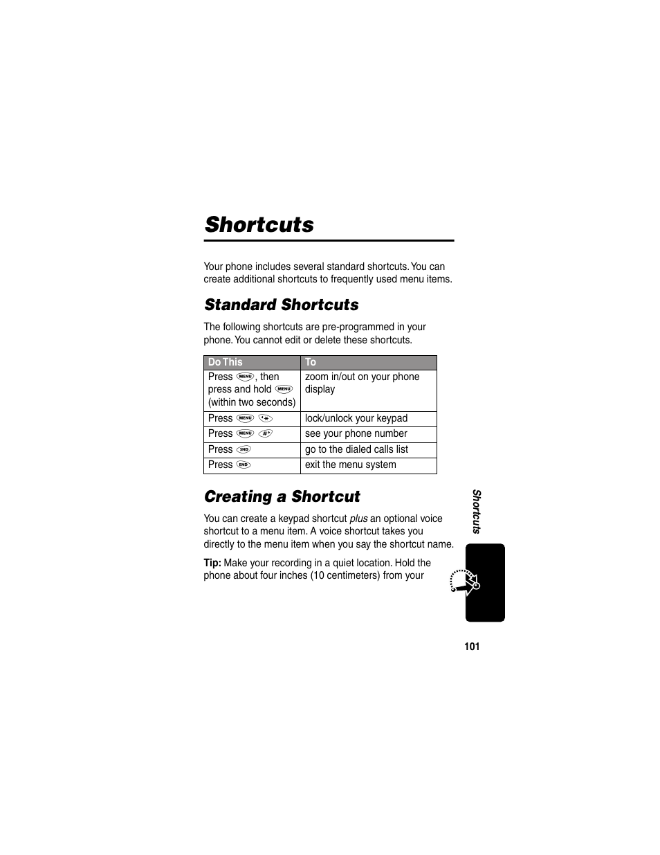 Shortcuts, Standard shortcuts, Creating a shortcut | Standard shortcuts creating a shortcut | Motorola 120e User Manual | Page 103 / 184