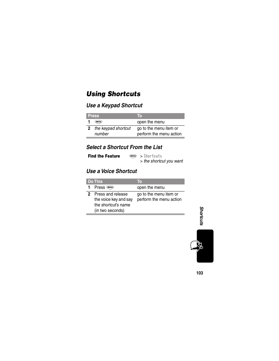 Using shortcuts | Motorola 120e User Manual | Page 105 / 184