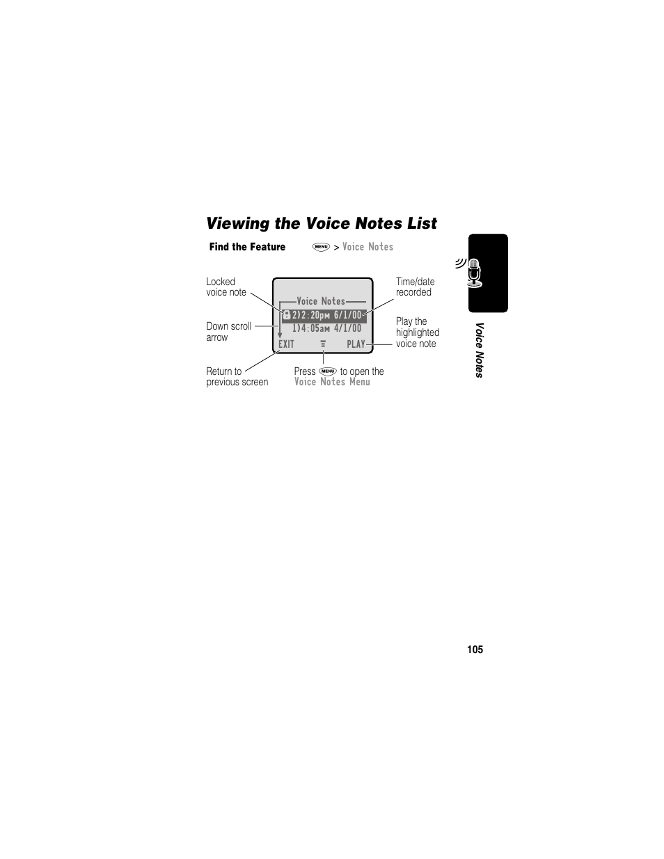 Viewing the voice notes list | Motorola 120e User Manual | Page 107 / 184