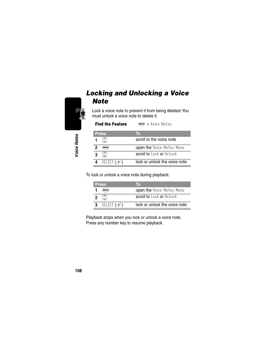 Locking and unlocking a voice note | Motorola 120e User Manual | Page 110 / 184