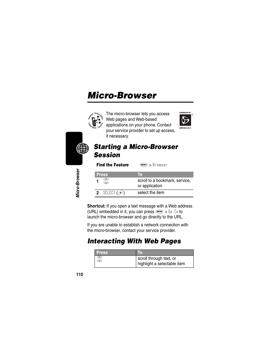 Microbrowser, Starting a microbrowser session, Micro-browser | Starting a micro-browser session, Interacting with web pages | Motorola 120e User Manual | Page 112 / 184