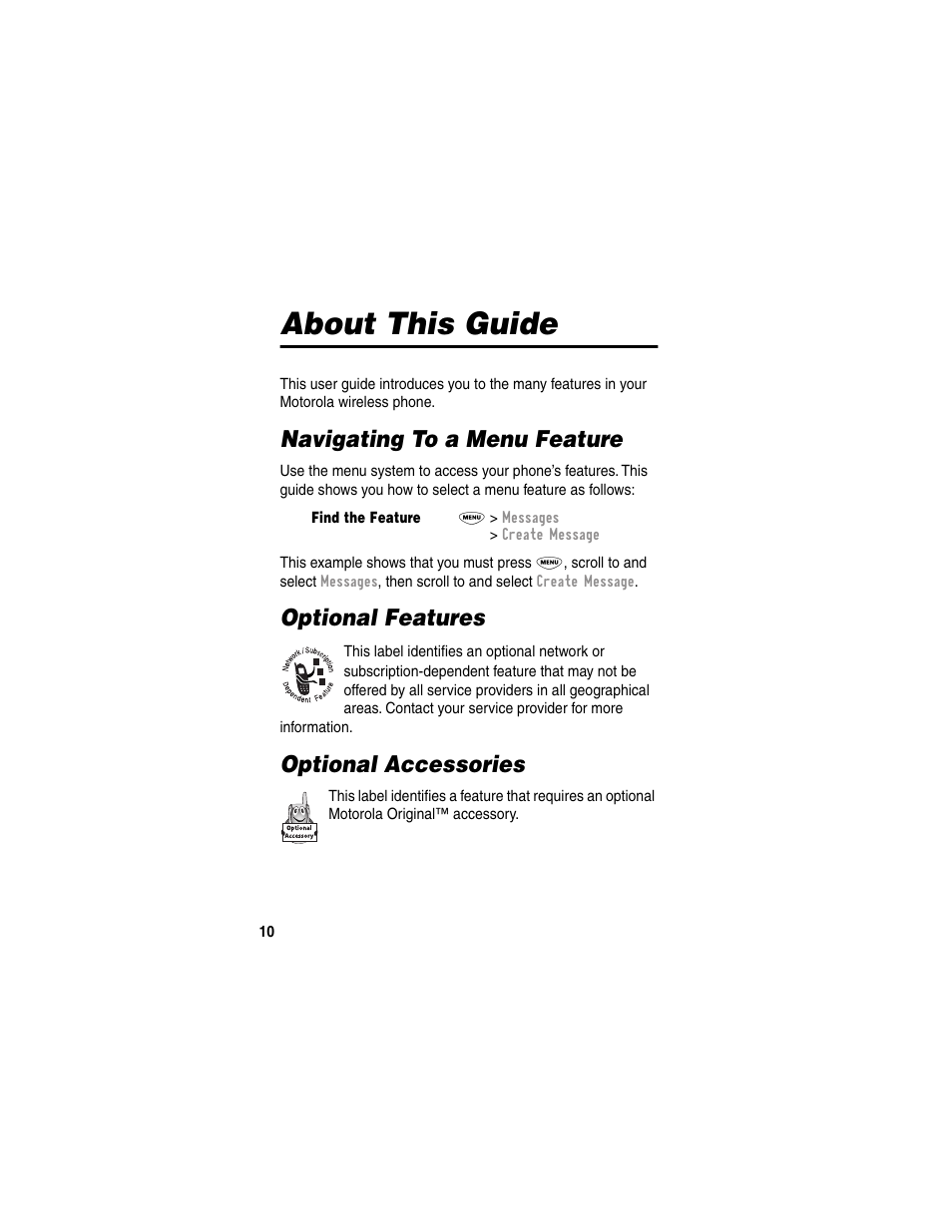 About this guide, Navigating to a menu feature, Optional features | Optional accessories | Motorola 120e User Manual | Page 12 / 184