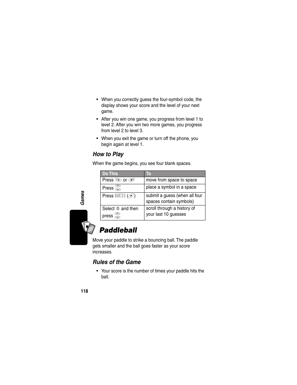 Paddleball, How to play, Rules of the game | Motorola 120e User Manual | Page 120 / 184