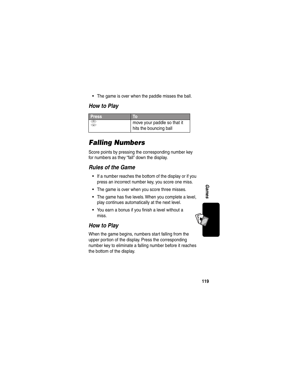 Falling numbers, How to play, Rules of the game | Motorola 120e User Manual | Page 121 / 184