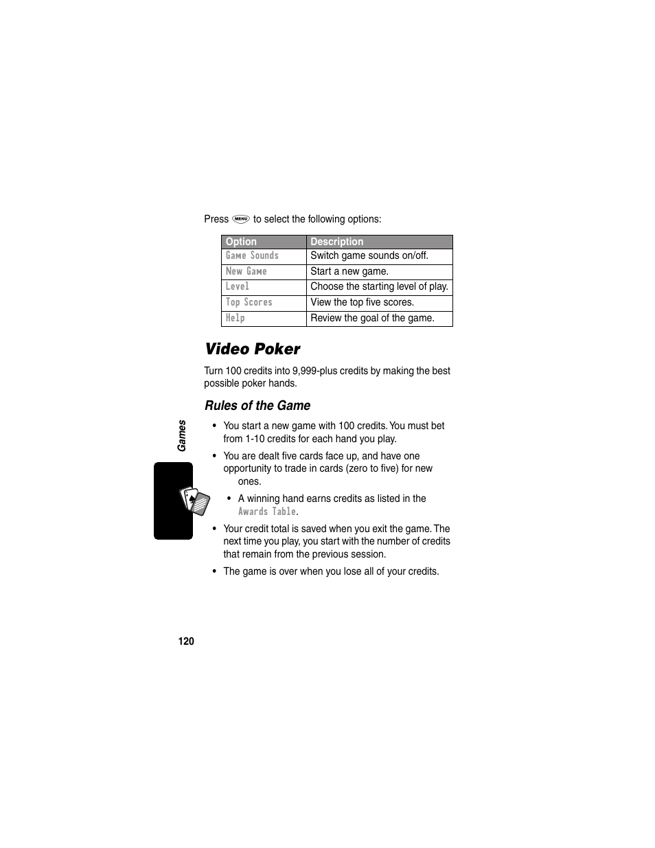 Video poker, Rules of the game | Motorola 120e User Manual | Page 122 / 184