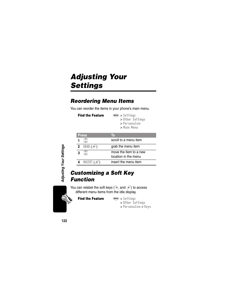Adjusting your settings, Reordering menu items, Customizing a soft key function | Motorola 120e User Manual | Page 124 / 184