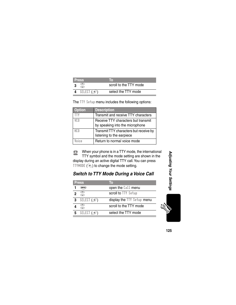 Switch to tty mode during a voice call | Motorola 120e User Manual | Page 127 / 184