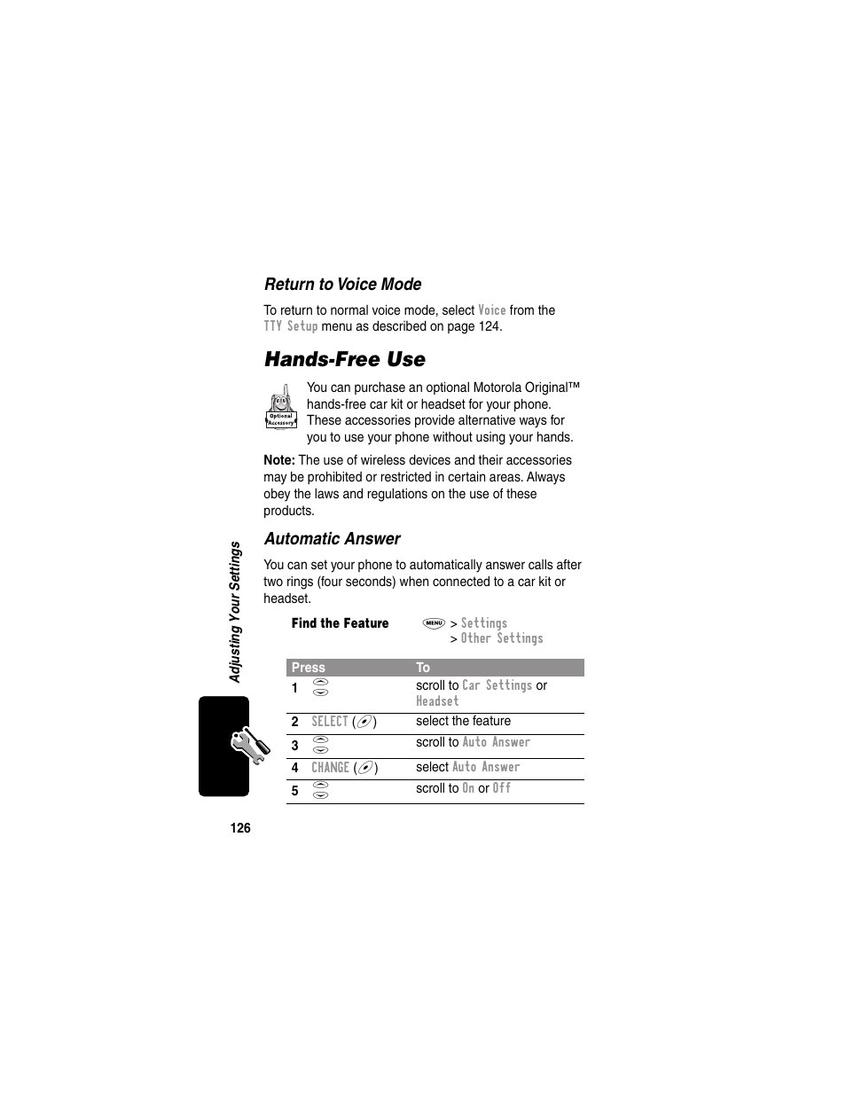 Handsfree use, Hands-free use, Return to voice mode | Automatic answer | Motorola 120e User Manual | Page 128 / 184