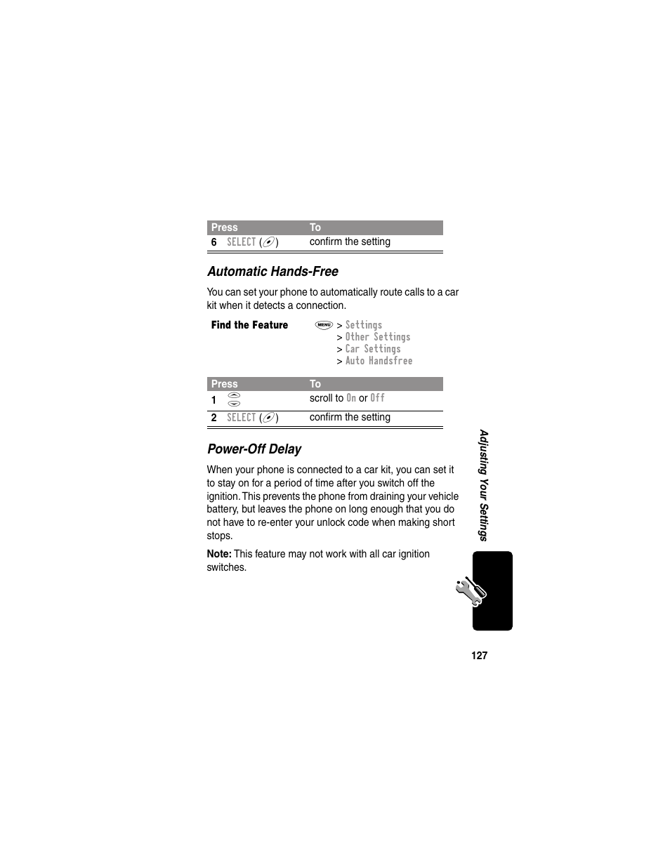 Automatic hands-free, Power-off delay | Motorola 120e User Manual | Page 129 / 184