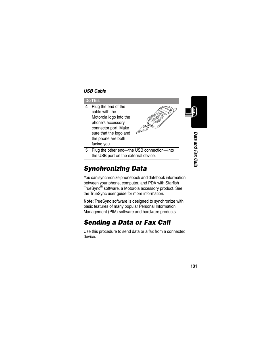 Synchronizing data, Sending a data or fax call, Synchronizing data sending a data or fax call | Motorola 120e User Manual | Page 133 / 184