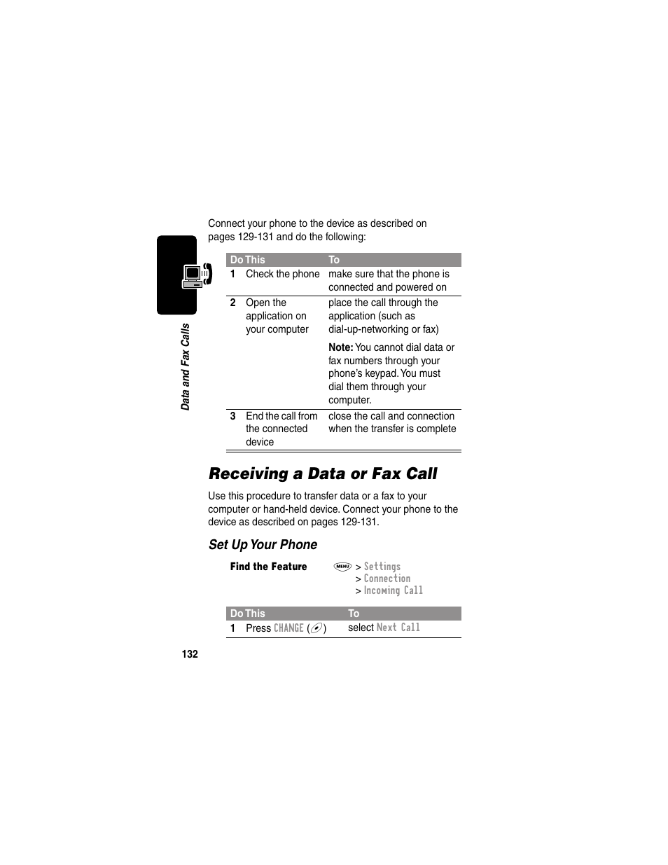Receiving a data or fax call, Set up your phone | Motorola 120e User Manual | Page 134 / 184