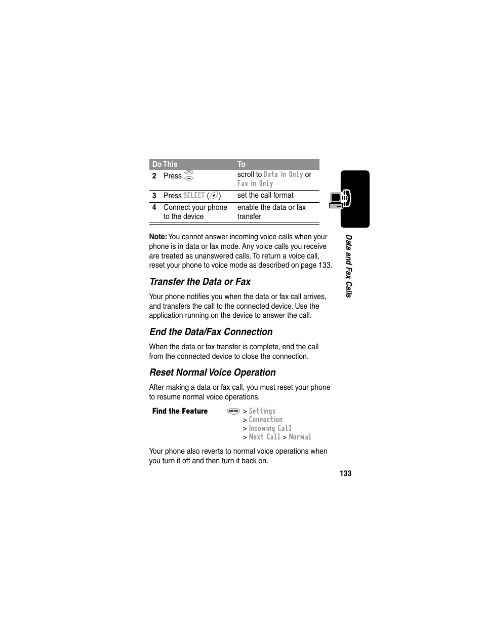 Transfer the data or fax, End the data/fax connection, Reset normal voice operation | Motorola 120e User Manual | Page 135 / 184