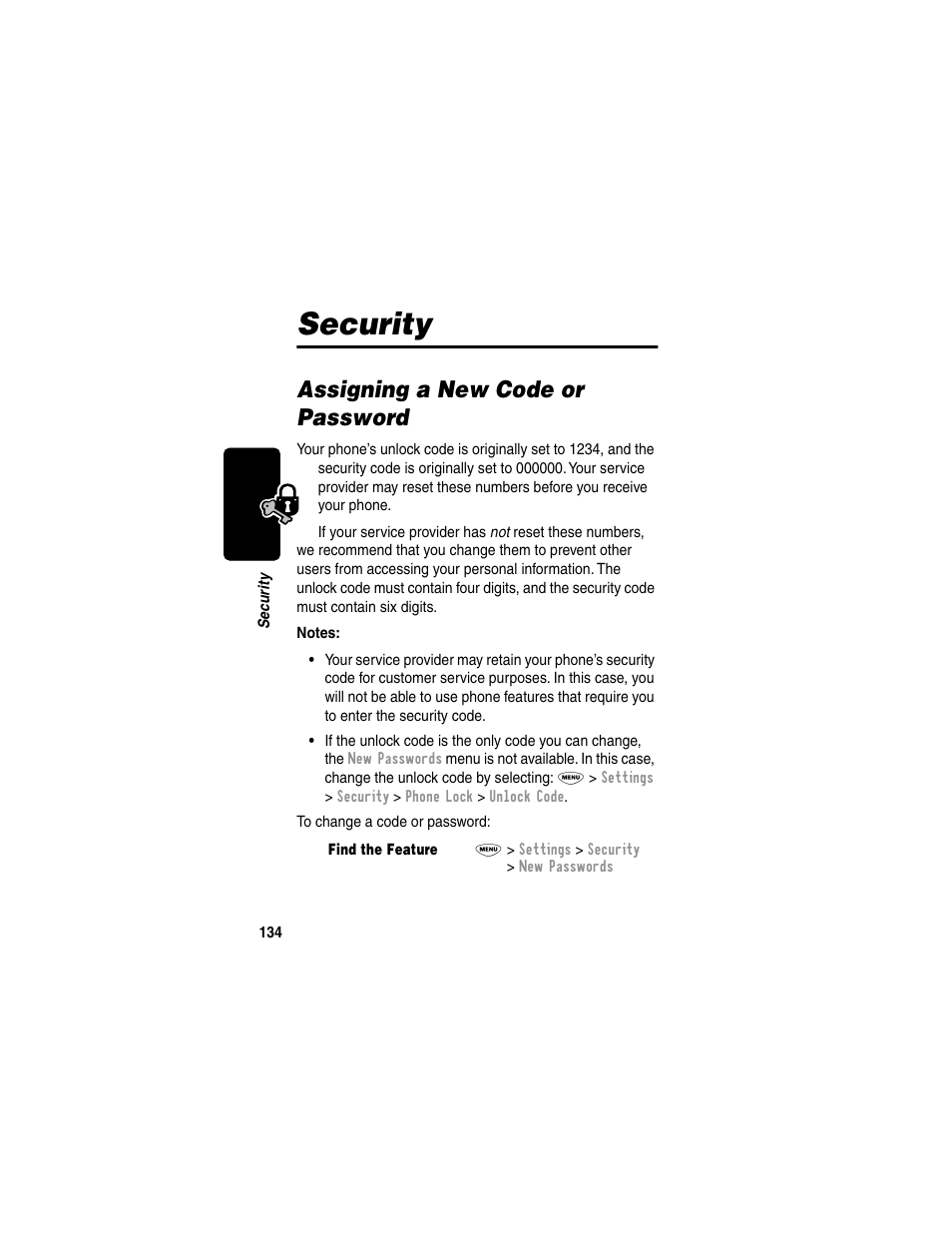 Security, Assigning a new code or password | Motorola 120e User Manual | Page 136 / 184