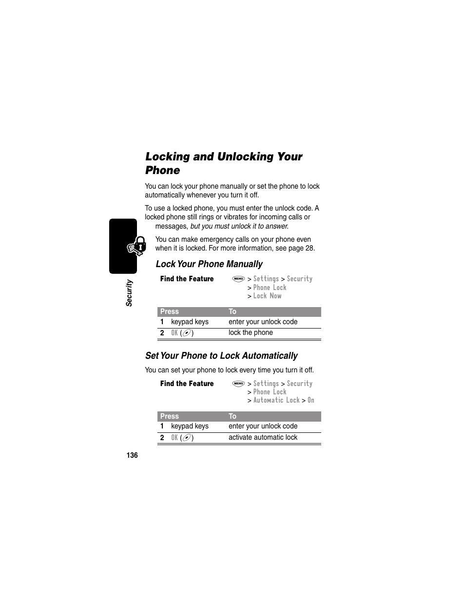 Locking and unlocking your phone | Motorola 120e User Manual | Page 138 / 184