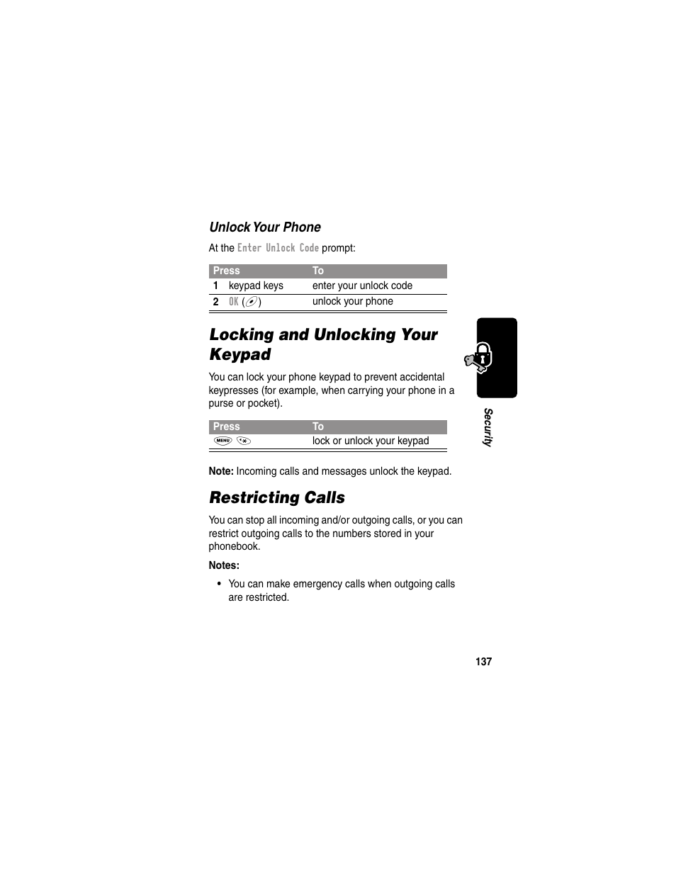 Locking and unlocking your keypad, Restricting calls | Motorola 120e User Manual | Page 139 / 184