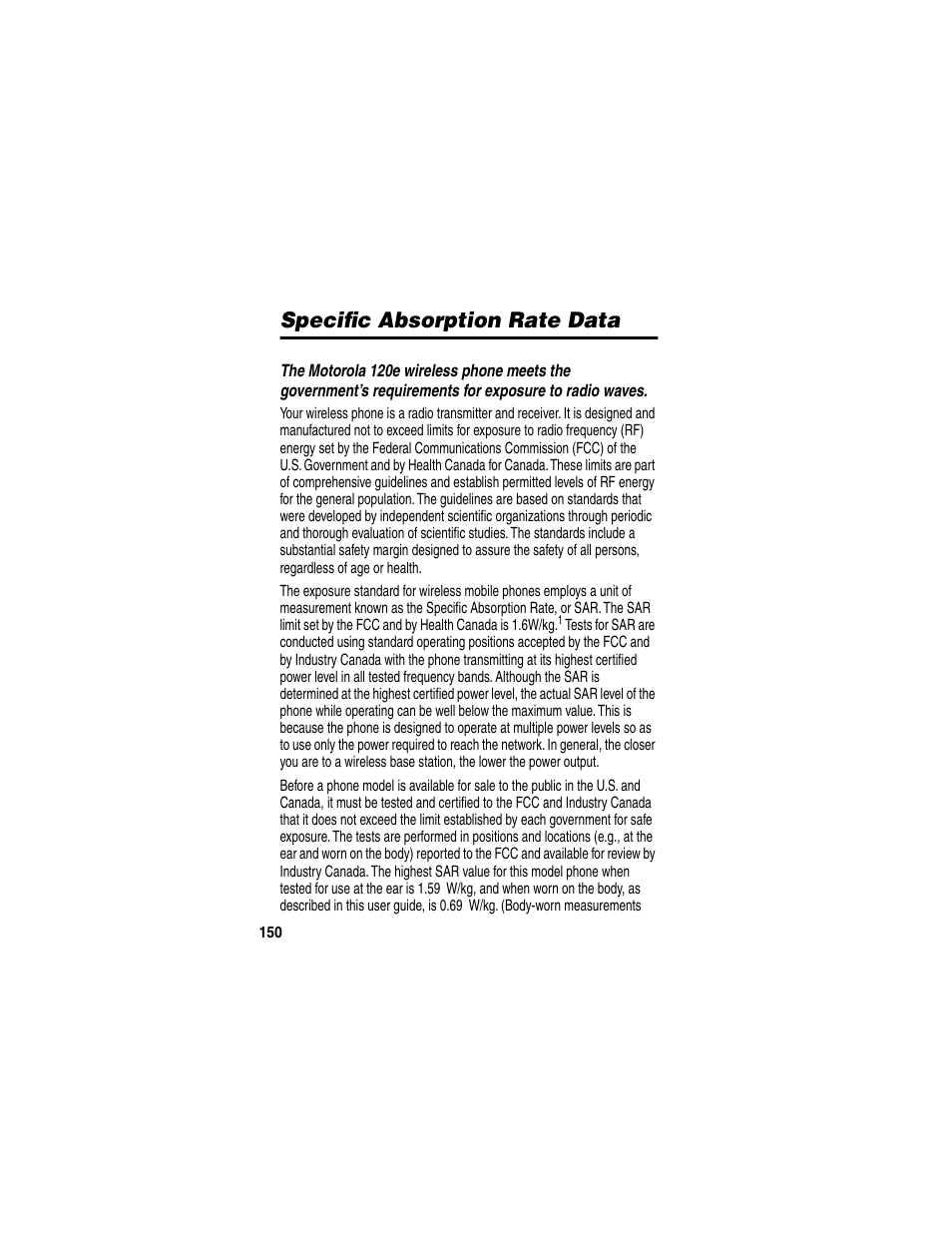 Specific absorption rate data | Motorola 120e User Manual | Page 152 / 184