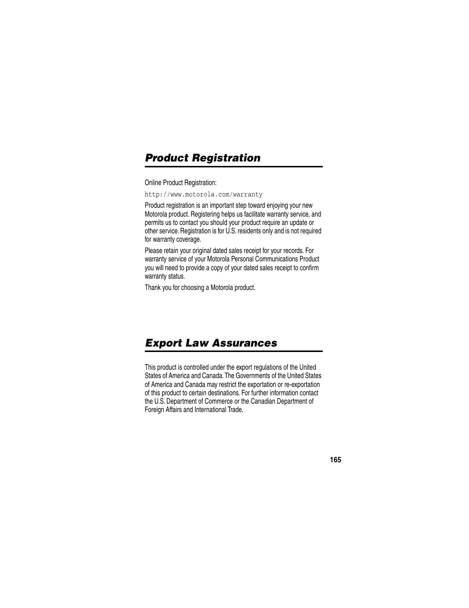 Product registration, Export law assurances | Motorola 120e User Manual | Page 167 / 184