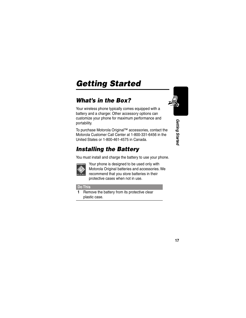 Getting started, What’s in the box, Installing the battery | What’s in the box? installing the battery | Motorola 120e User Manual | Page 19 / 184