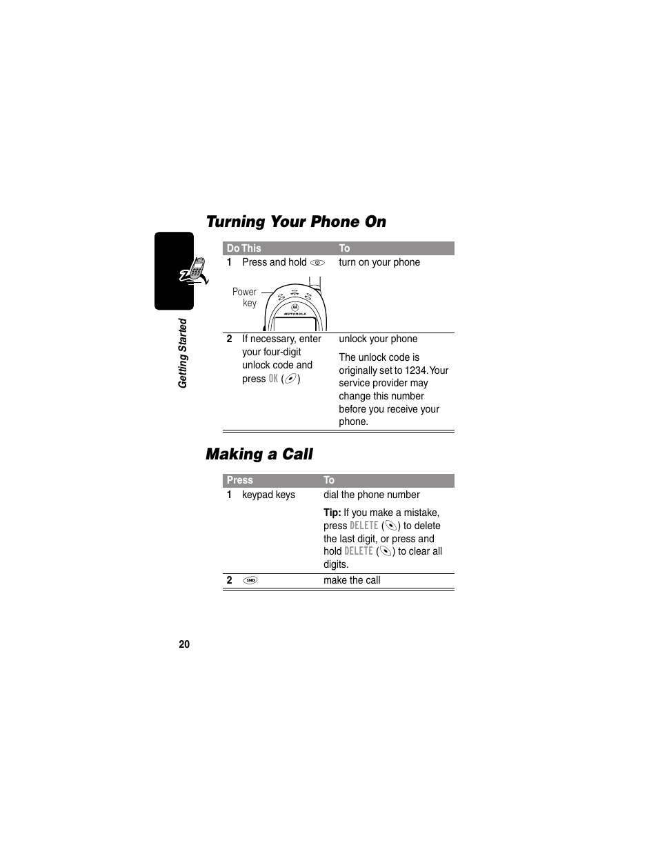 Turning your phone on, Making a call, Turning your phone on making a call | Motorola 120e User Manual | Page 22 / 184